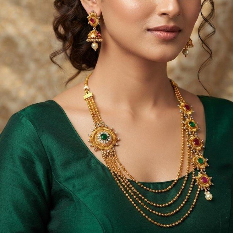 Royal Rajwadi Multi-Layer Gold Plated Necklace Set | Red Green Stone Kundan Necklace with Earrings | Bridal Party Wear Jewelry